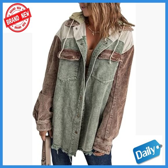 Jackets & Blazers - Corduroy Shacket Jacket Long Sleeve Button Down Hooded Coat with Pockets